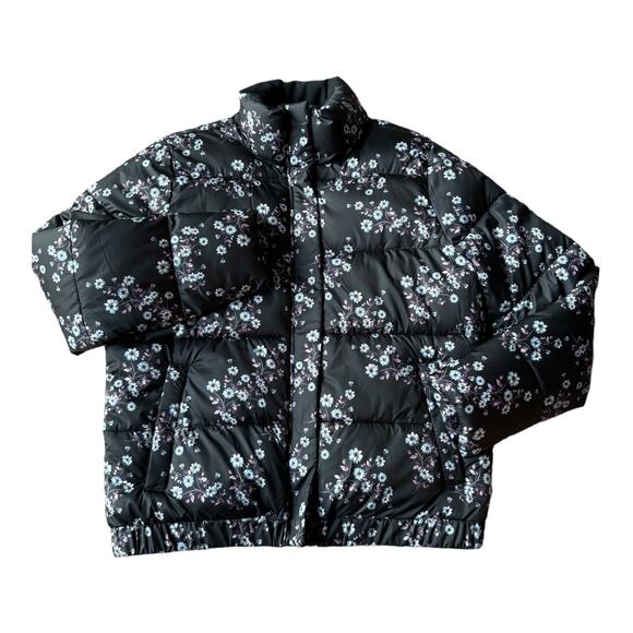 Floral puffer jacket by Skechers black, blue & pink stand collar size large - Picture 1 of 12